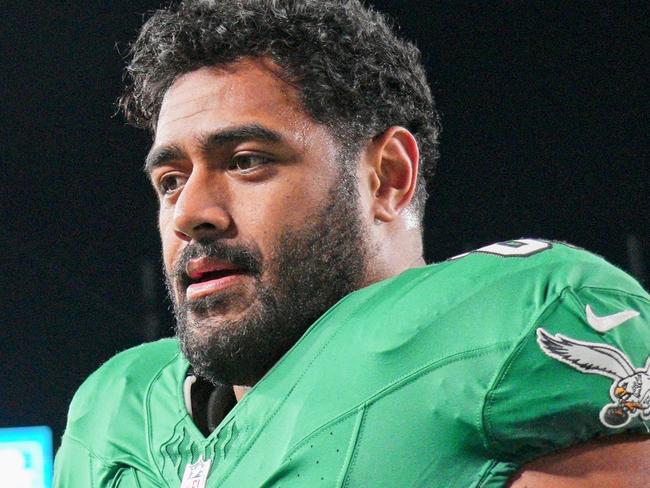 PHILADELPHIA, PA - OCTOBER 22: Philadelphia Eagles offensive tackle Jordan Mailata (68) looks on during the game between the Miami Dolphins and the Philadelphia Eagles on October 22, 2023 at Lincoln Financial Field. (Photo by Andy Lewis/Icon Sportswire via Getty Images)