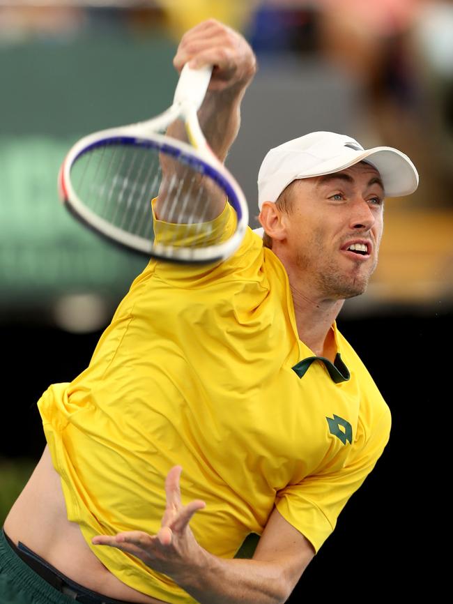 Millman serves against Thiago Monteiro in Adelaide.