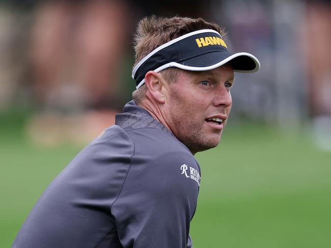 MELBOURNE , AUSTRALIA. November 20, 2023. AFL . Hawthorn footy training at Waverly Park .   Sam Mitchell, senior coach of Hawthorn  during todays session   . Pic: Michael Klein