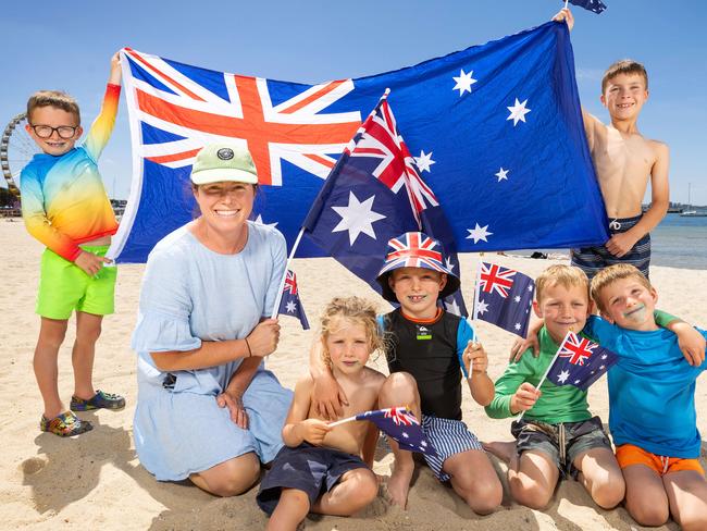 GEELONG, DECEMBER 11, 2024: Geelong brings back Australia Day - Lucy Skewes (0428816754) with L to R at front Baz, Woody, Mack and Wal with Benji and Ted at rear holding flag. Picture: Mark Stewart