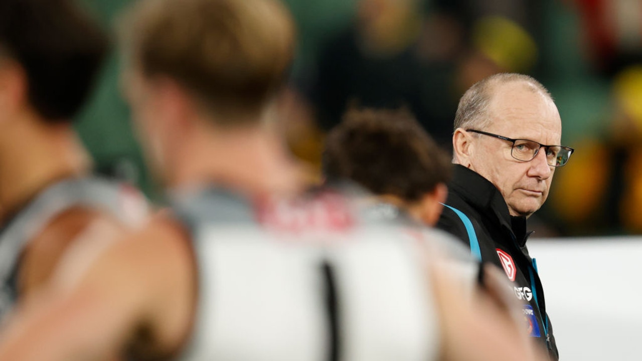 MELBOURNE, AUSTRALIA - JUNE 09: Ken Hinkley, Senior Coach of the Power looks on during the 2022 AFL Round 13 match between the Richmond Tigers and the Port Adelaide Power at the Melbourne Cricket Ground on June 09, 2022 in Melbourne, Australia. (Photo by Michael Willson/AFL Photos via Getty Images)