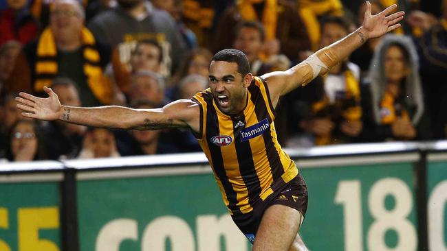 Shaun Burgoyne celebrates putting the Hawks back in-front late against Geelong in the 2013 preliminary final. Picture: Michael Klein