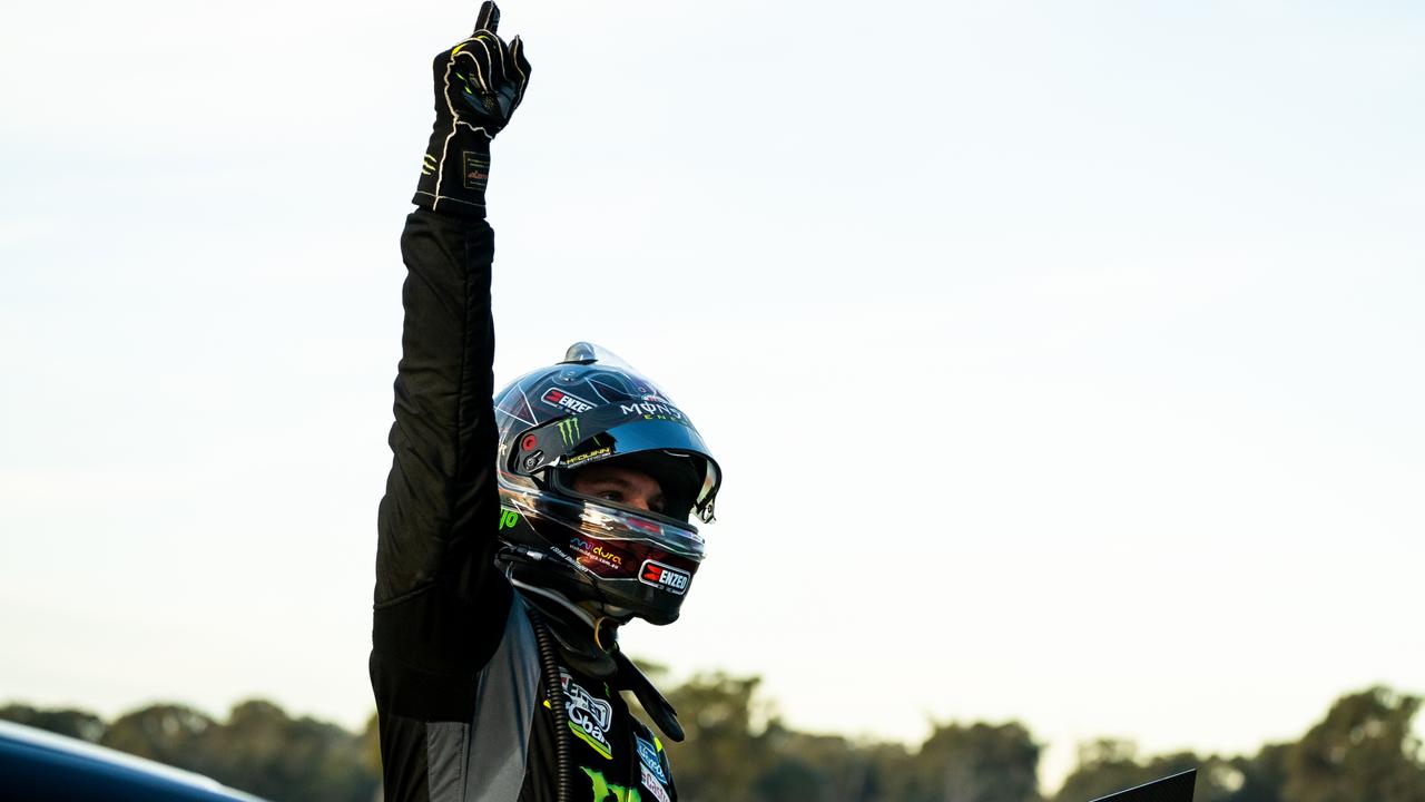 BENALLA, AUSTRALIA – MAY 21: (EDITORS NOTE: A polarising filter was used for this image.) Cameron Waters, driver of the #6 Monster Energy Racing Ford Mustang, celebrates during the Winton SuperSprint round of the 2022 Supercars Championship Season at Winton Motor Raceway on May 21, 2022 in Benalla, Australia. (Photo by Daniel Kalisz/Getty Images)