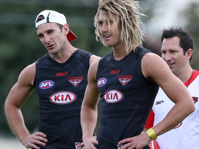 Essendon training at Tullamarine. Dyson Heppell and Jobe Watson .Pic : Michael Klein