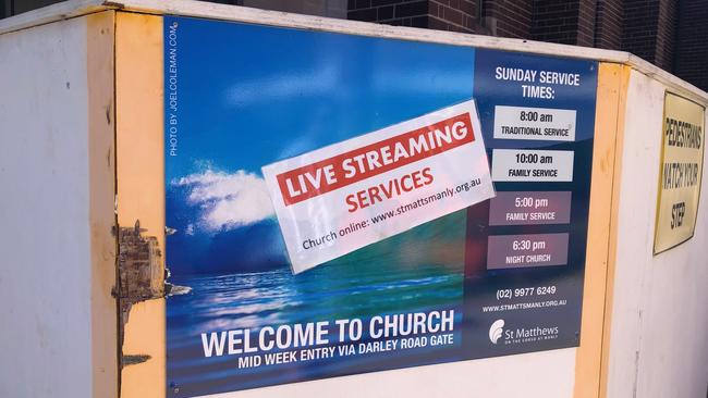 Easter Sunday service with a difference. St Matts in Manly advertises its live streaming services. Picture: Julie Cross.