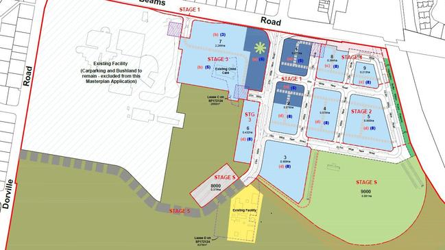 A plan from the Carseldine Urban Village Queensland Government development application. — Stage S is the sports precinct.