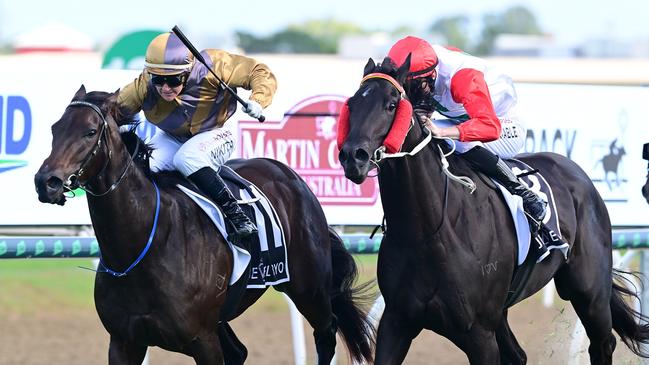 Party For Two (left) holds out Kesalul to win the QTIS Jewel 3YO. Picture: Grant Peters/ Trackside Photography