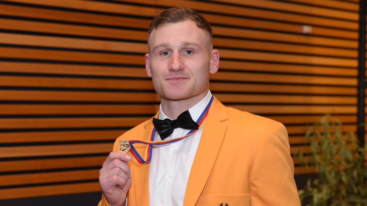 Rory Laird with his third Malcolm Blight Medal. Picture: AFC