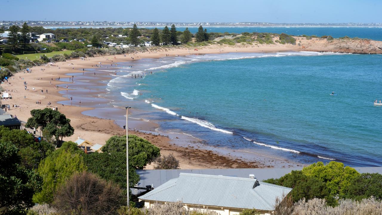 The floating pontoon for kids to jump off has been returned to the water at Horseshoe Bay in Port Elliot. Picture: Dean Martin