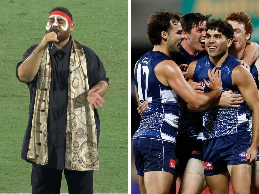 The AFL's Welcome to Country before the Cats took on the Gold Coast. Photos: Fox Sports/Getty Images