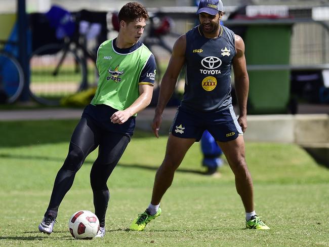 Kalyn Ponga and Justin O'Neill during a training session.