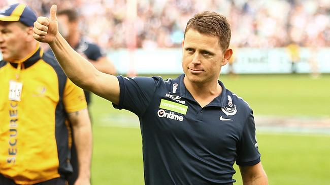 Brendon Bolton gives Blues fans the thumbs up after defeating Collingwood.