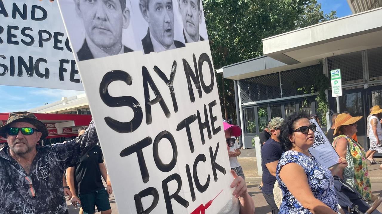 Protesters at the freedom rally in Darwin CBD on October 30, 2021. Picture: Amanda Parkinson