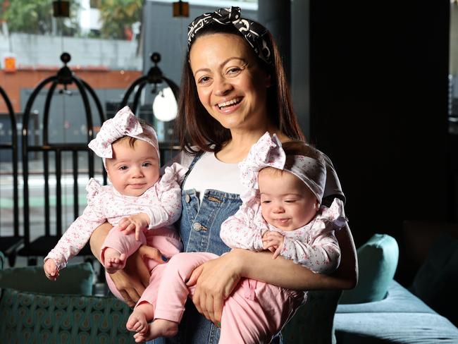 Red Wiggle Caterina Mete with her daughters Dolly And Gigi, 5 months, Brisbane. Picture: Liam Kidston