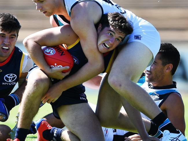 Ned McHenry in action earlier this year for the Crows. Picture: AAP/MARK BRAKE