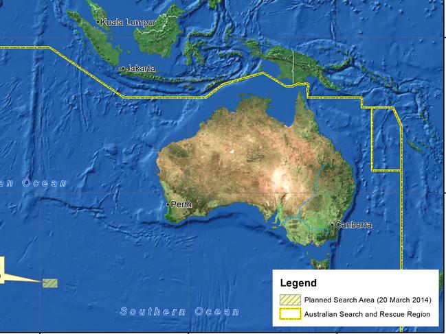 INDIAN OCEAN - This handout Satellite image made available by the AMSA (Australian Maritime Safety Authority) shows a map  of the planned search area for missing Malaysian Airlines Flight MH370 on March 20, 2014. Two objects possibly connected to the search for the passenger liner, missing for nearly two weeks after disappearing on a flight from Kuala Lumpur, Malaysia to Beijing, have been spotted in the southern Indian Ocean, according to published reports quoting Australian Prime Minister Tony Abbott. (Photo by AMSA via Getty Images)