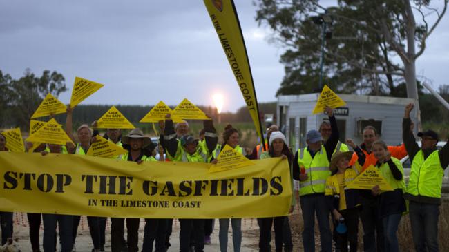 Protestors outside Beach Energy's Haselgrove-3 conventional gas well, south of Penola. Picture: Limestone Coast Protection Alliance