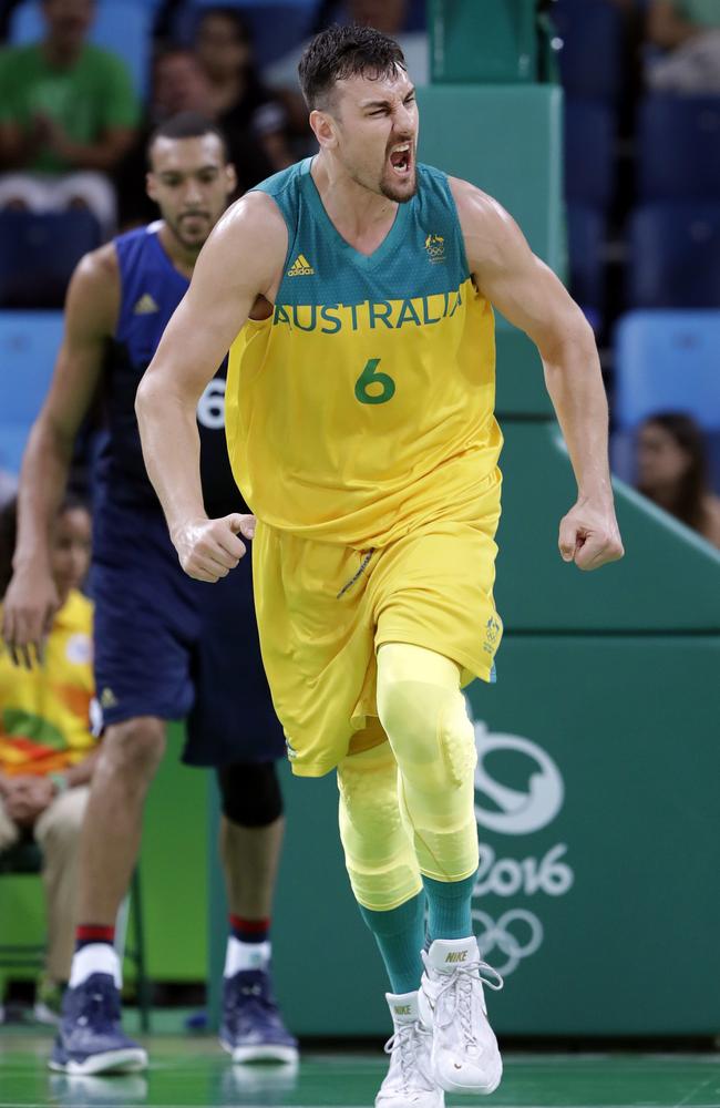 Australia's Andrew Bogut celebrates a score against France.