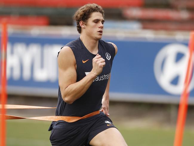 Charlie Curnow is seen during a Carlton Blues training session at Ikon Park, Melbourne, Tuesday, July 16, 2019. Carlton will play the Gold Coast Suns in round 18 on Saturday. (AAP Image/Daniel Pockett) NO ARCHIVING