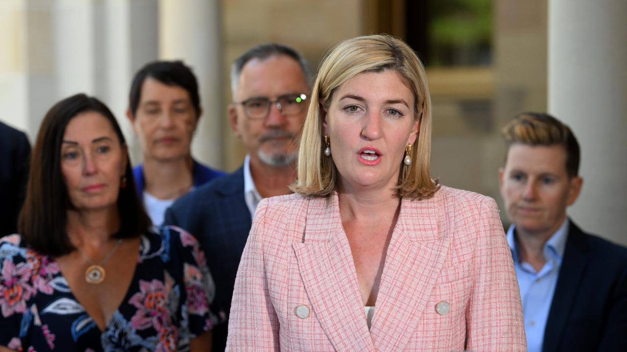 Queensland Acting Attorney-General Shannon Fentiman watched by with Sue and Lloyd Clarke, parents of murdered woman Hannah Clarke, after the passing of a coercive control legislation. Picture: Dan Peled / NCA NewsWire