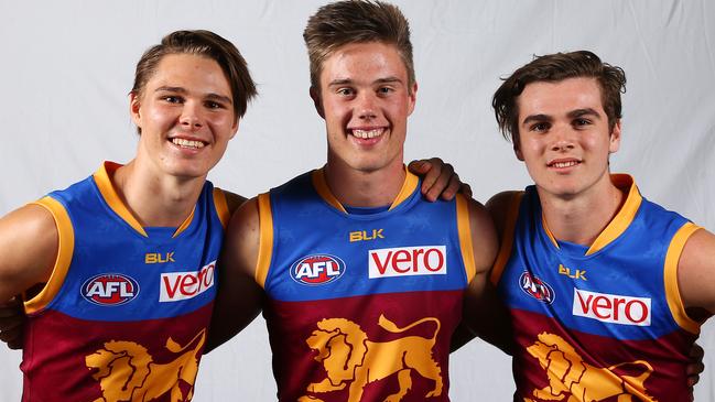 Eric Hipwood, Josh Schache and Ben Keays after being taken by the Lions in the 2015 AFL Draft. Picture: Sarah Reed.