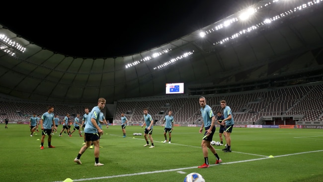 The Socceroos practicing ahead of their World Cup qualifier against China in Khalifa International Stadium. Picture: Mohamed Farag/Getty Images