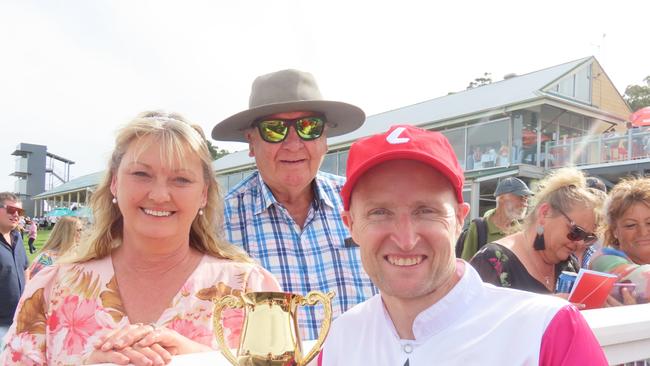 Jockey Craig Newitt with mother in law Wendy Smith and father in law Wayne Connelly after winning his ninth Devonport Cup. Picture: Jon Tuxworth