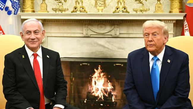 US President Donald Trump (R) meets with Israel's Prime Minister Benjamin Netanyahu in the Oval Office of the White House in Washington, DC, on February 4, 2025. (Photo by ANDREW CABALLERO-REYNOLDS / AFP)