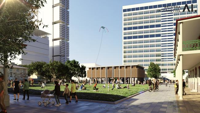 Artist impressions for a public square at Lancer Barracks at Parramatta.