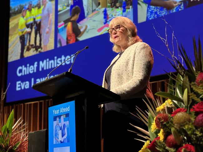 Northern Territory Chief Minister Eva Lawler delivers an address on the year ahead, prioritising youth justice reforms and getting people to work. Picture: Fia Walsh