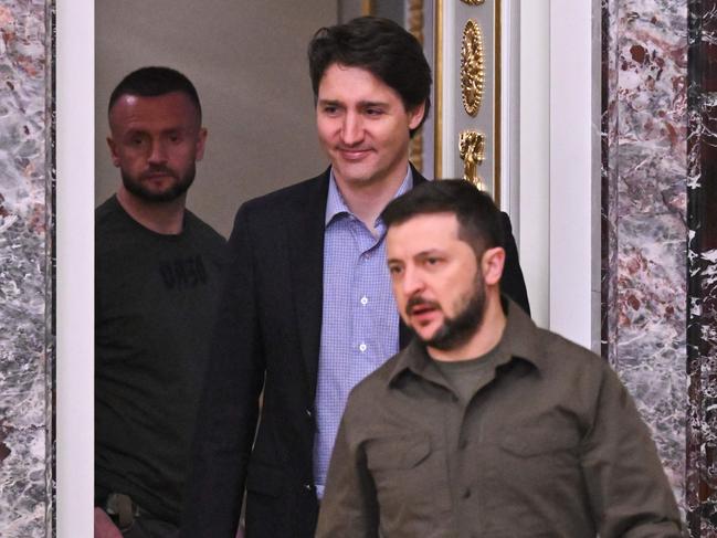 Ukrainian President Volodymyr Zelenskyy and Canada's Prime Minister Justin Trudeau arrive for a joint press conference in Kyiv. Picture: AFP