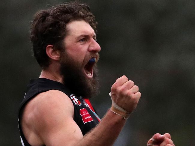 Bernard Shepheard of Pascoe Vale celebrates a 4th quarter goal during the EDFL match between Pascoe Vale and Aberfeldie played at Raeburn Reserve Pascoe Vale on Saturday 23rd June, 2018.