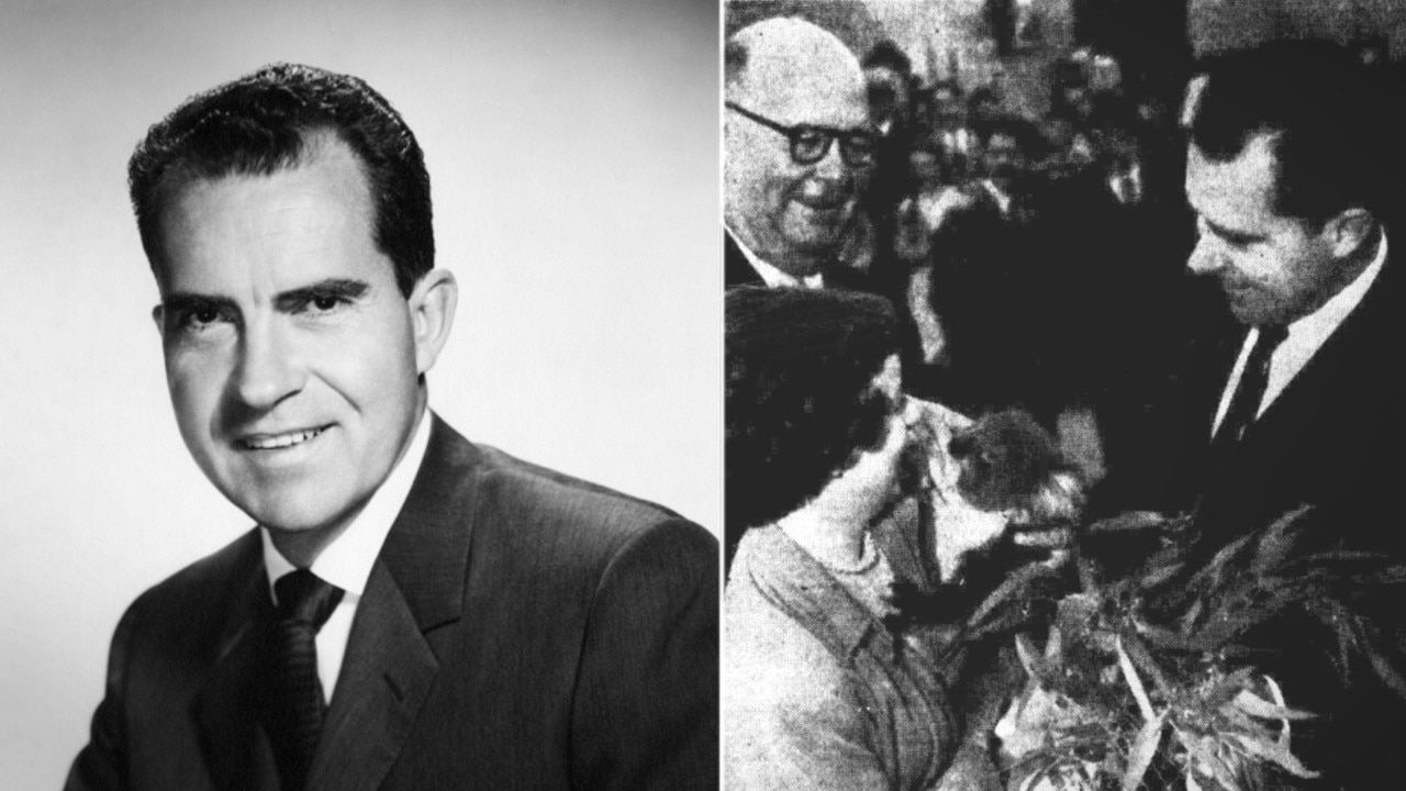 Richard Nixon’s official photograph as Vice President and, right, welcomed in Melbourne by a koala in 1953. Picture: Trove