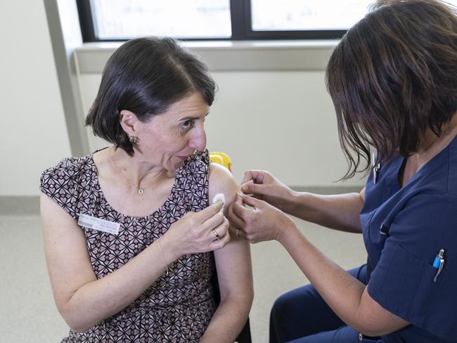 Australia’s New South Wales Premier Gladys Berejiklian receives the AstraZeneca vaccine in Sydney, Australia. Picture: Brook Mitchell/Pool/Getty Images