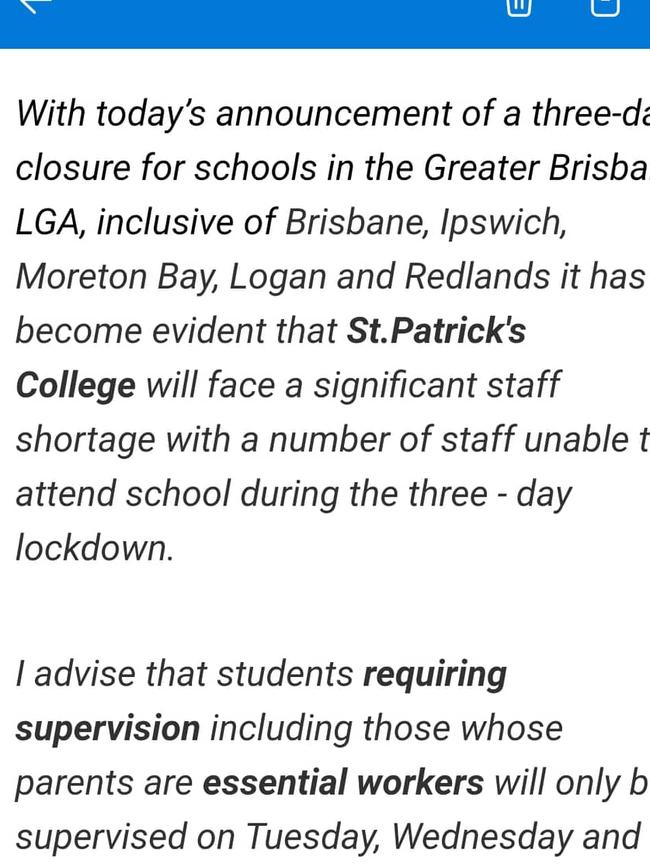 The message sent home to St Patrick's College parents on Monday.