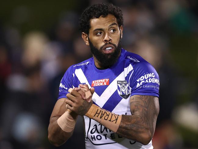 PENRITH, AUSTRALIA - JUNE 03: Josh Addo-Carr of the Bulldogs warms up before the round 13 NRL match between the Penrith Panthers and the Canterbury Bulldogs at BlueBet Stadium on June 03, 2022, in Penrith, Australia. (Photo by Matt King/Getty Images)