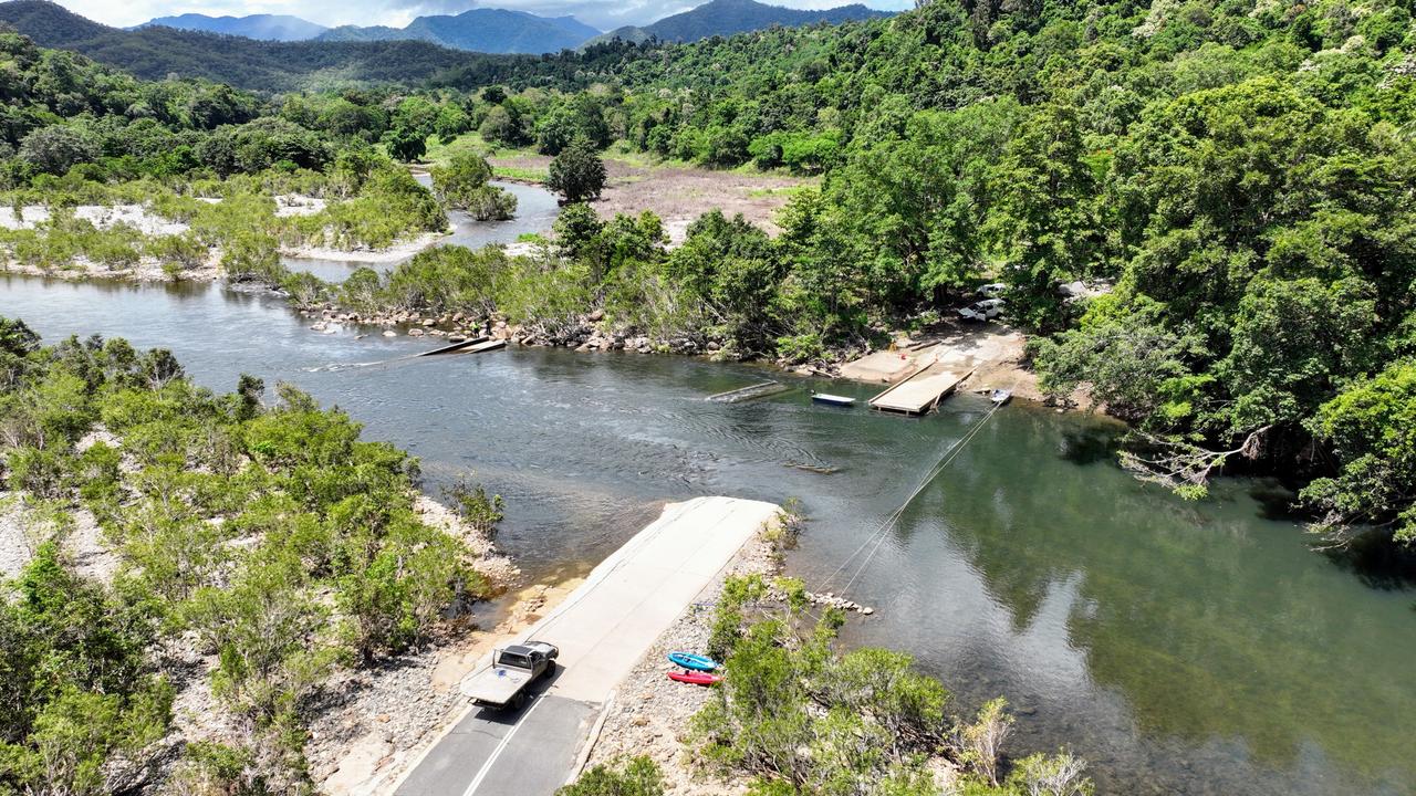 Fisheries Bridge causeway was washed away by severe flooding after Tropical Cyclone Jasper. A footbridge has since been installed over the Mulgrave River by Cairns Regional Council. Picture: Brendan Radke