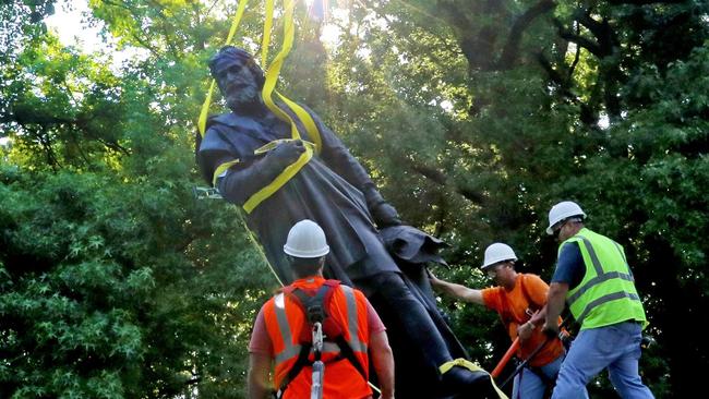 A statue of Christopher Columbus, erected in Tower Grove Park in St. Louis 140 years ago, is taken down. Picture: AP