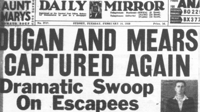 The front page of the <i>Daily Mirror </i>the day Darcy Dugan and William Mears were recaptured on February 14, 1950.