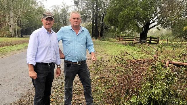 Tony Perrett and Lachlan Millar inspect storm damage in the Gympie region. Picture: Contributed