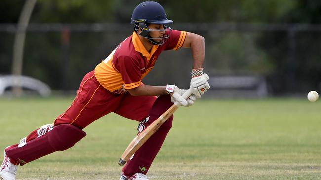 North Balwyn’s Kaushick Maheshwaran gets on the front foot. Picture: Andy Brownbill