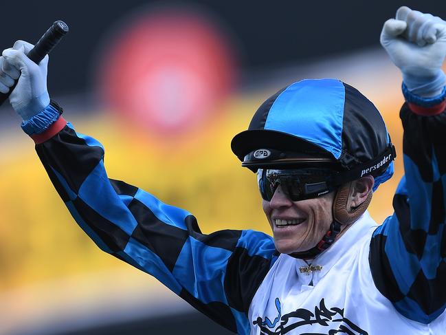 Craig Williams reacts after riding Amphitrite to victory. Picture: AAP