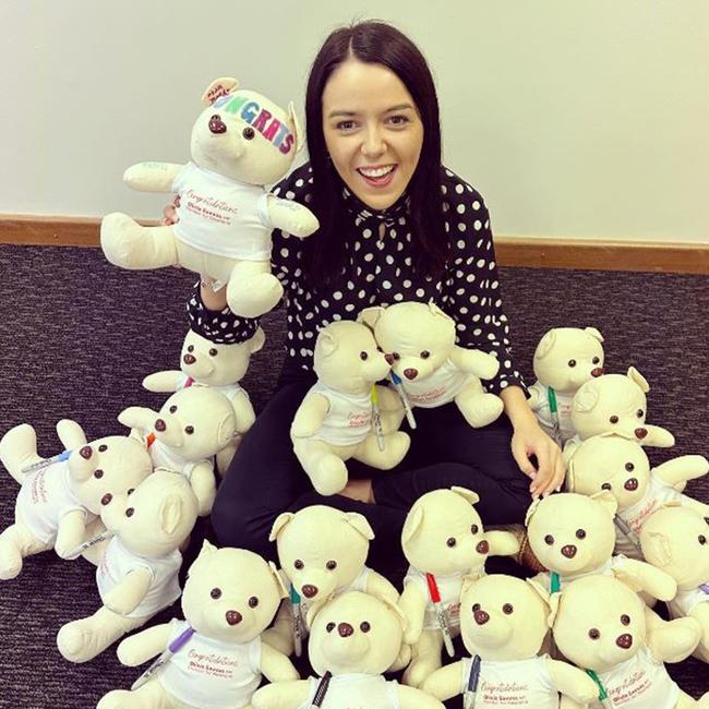 Member for Newland Olivia Savvas with personalised Olivia Savvas graduation bears she gave to Year 6 graduates in 2022. Picture: Instagram