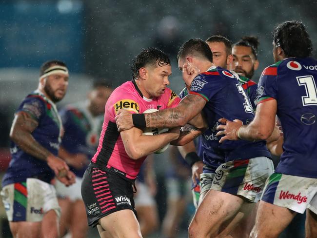 GOSFORD, AUSTRALIA - AUGUST 14: Brent Naden of the Panthers charges forward during the round 14 NRL match between the New Zealand Warriors and the Penrith Panthers at Central Coast Stadium on August 14, 2020 in Gosford, Australia. (Photo by Cameron Spencer/Getty Images)