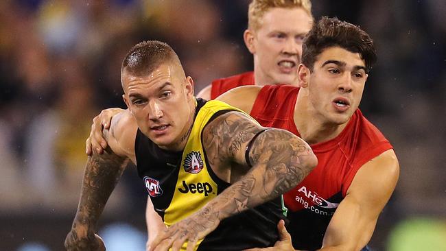 Martin and Petracca compete for the footy in the ANZAC Day eve clash back in 2017. Picture: Michael Klein