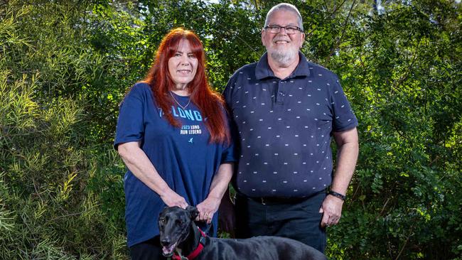 Diana and Gary Hill – along with dog Stan – at their Lewiston property. Diana is walking 72km in support of her husband Gary, who was diagnosed with prostate cancer in 2018. Picture: Emma Brasier