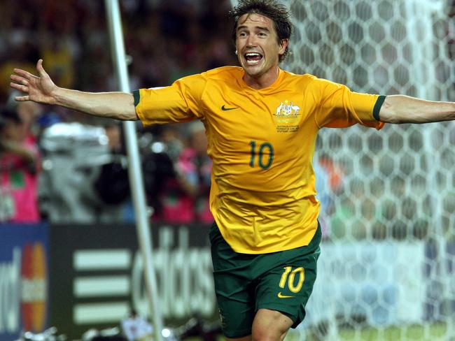 Harry Kewell celebrates scoring against Croatia