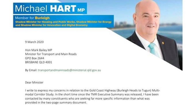 A letter on the light rail plan for Palm Beach written by Burleigh MP Michael Hart and addressed to Mark Bailey. Photo: Supplied