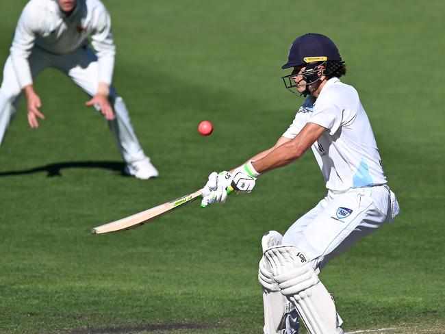 HOBART, AUSTRALIA - MARCH 18: Sam Konstas of New South Wales bats during the Sheffield Shield match between Tasmania and New South Wales at Blundstone Arena, on March 18, 2025, in Hobart, Australia. (Photo by Steve Bell/Getty Images)