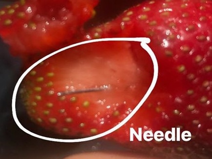 Needle allegedly found in Berry Obsessions strawberries purchased from Woolworths at northside Brisbane. Pic: Supplied.